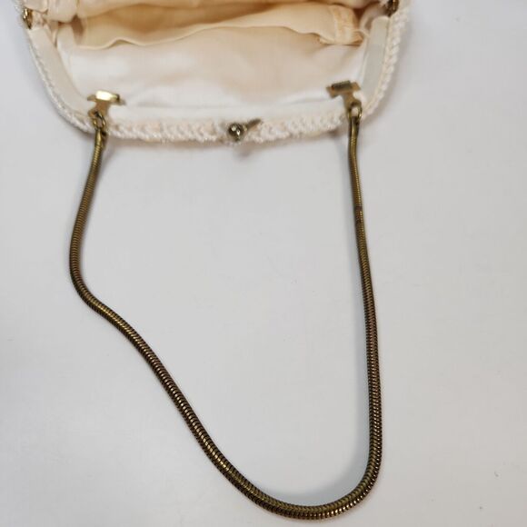 Vtg Handmade White Pearl Bead Sequin Clutch Evening Bag Gold Chain Clasp - Picture 8 of 16